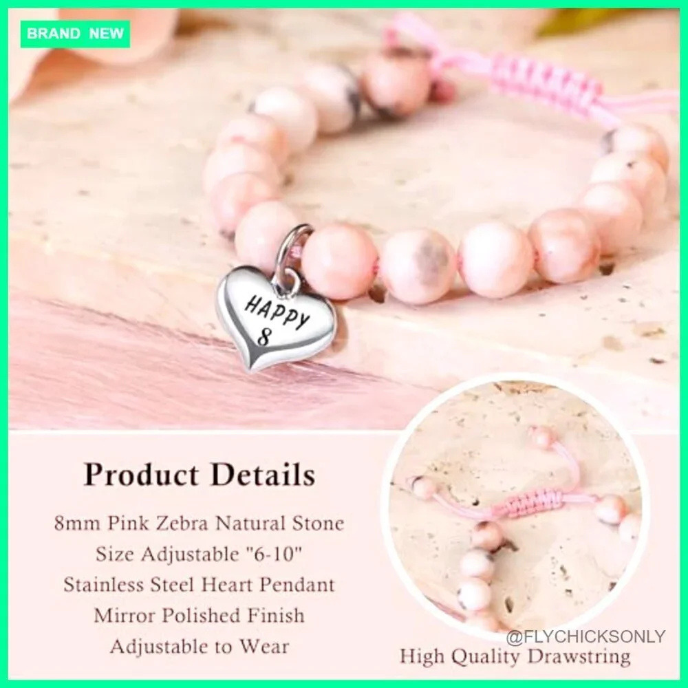Adjustable Pink Zebra Stone Bracelet with Heart Pendant for Girls